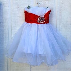 STRAPLESS Dress White Tulle Prom Homecoming Quienceñera Red Satin Stones Medium